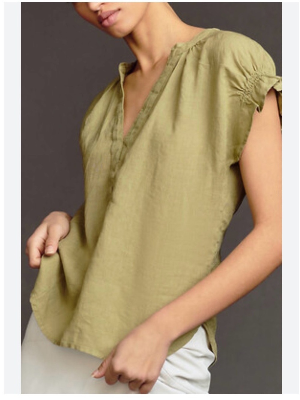 Anthropologie Olive Green Short Sleeve Split-Neck Blouse - Picture 6 of 10